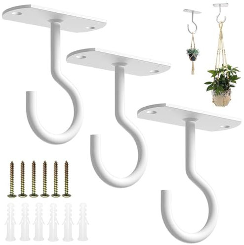 SamHeng Crochets de Plafond pour Plantes Suspendues, 3 Pack Métal Mur Crochet Swag avec Vis et Ancres, Crochets de Suspension pour Paniers Mangeoires à Oiseaux Lanternes Carillons Éoliens (Blanc)