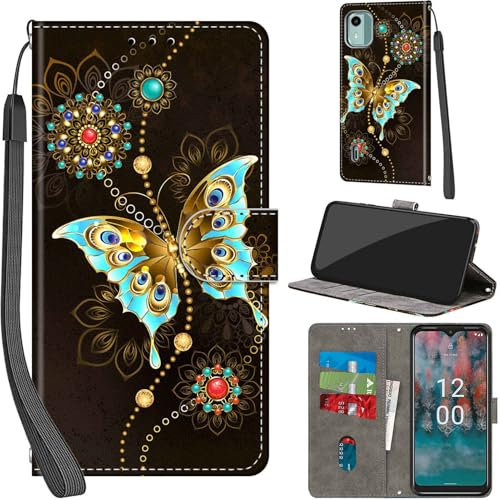 Haninsuze for Nokia C12 Case PU Leather Wallet Book Flip Folio Stand View Magnetic Multi-Pattern Cover compatible with Nokia C12 Phone Case (Green Butterfly)