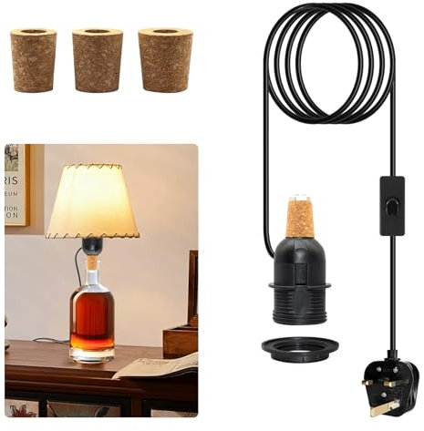 Lamp Kits Do it Yourself, Bottle Lamp Kits, 240cm Black Bottle Lamp Adaptor Kit, E27 Wine Bottle Table Lamp Holder,Lamp Fittings Kit for Floor Lamp,Support Add Lampshade,Includes 3 Sizes of Stoppers