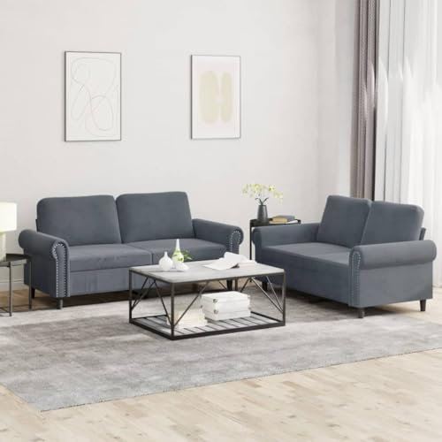Homgoday 2-TLG. Sofagarnitur mit Kissen Sofa Couch Wohnzimmersofa Loungesofa mit Armlehnen, Designsofa Couchgarnitur Sitzmöbel Polstermöbel für Wohnzimmer Büro Dunkelgrau Samt