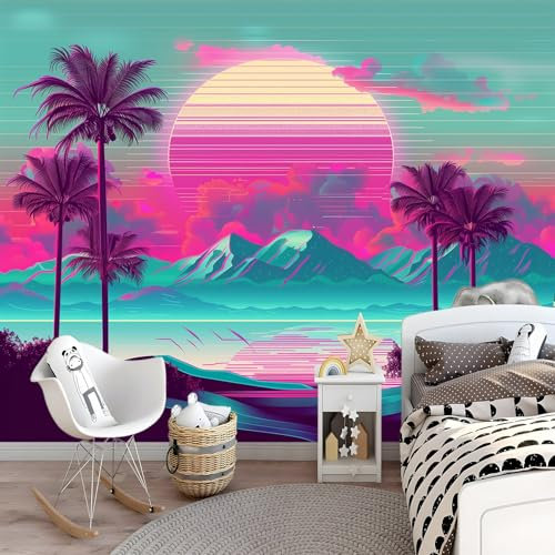 Wallpaper 250 x 175 cm Non-Woven - Murals - Wall - Mural - Photo - 3D - Modern Digital Palm Trees and Mountains Decoration for Living Room Bedroom Restaurant Home Decor Pink