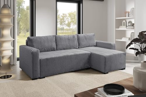 LIKMA Graphite Ecksofa Cord Tilia 232x145 cm mit Schlaffunktion (200x140 cm) Eckcouch mit Bettkasten Wohnlandschaft mit Bettkasten Cord Bettsofa mit Stauraum Polstermöbel Sofa 3 Sitzer
