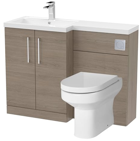 Balterley Vanity Unit with Basin, WC Unit with Toilet Pan, Seat, Cistern, Floor Standing 2 Door Soft Close Vanity, Toilet Pan with Soft Close Seat, Left Hand Bathroom Sink Storage (Solace Oak)