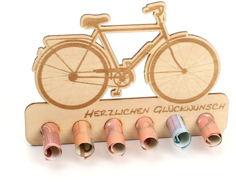 Kreative Feder Geldgeschenk Fahrrad zum Geburtstag - Geldscheinhalter aus Holz in originellem Design mit 6 Löchern für Geldscheine (Fahrrad)