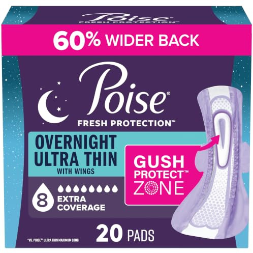 Poise Overnight Ultra Thin Incontinence & Postpartum Pads with Wings for Bladder Leaks, 8 Drop Extra Absorbent, Long Length, 20 Count