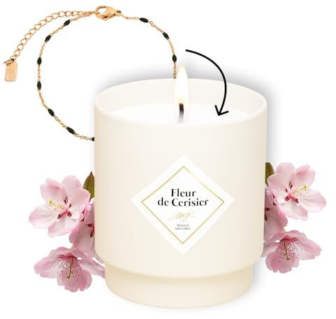 MY JOLIE CANDLE - Bougie Bijou Parfumée Fleur de Cerisier - Bracelet doré en acier inoxydable avec perles noires - Cadeau parfait pour Noël et anniversaire - Cire à base végétale - Made in France