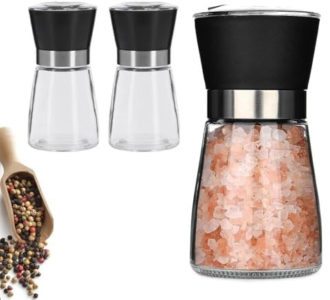Moulin à Epices, 3 Pièces Moulin à Poivre et Sel, Moulins à sel Rechargeables, Moulins à Epices en Acier Inoxydable, Set de Broyage, Réglable Manuellement, pour les Poivre et le Piment, Noir