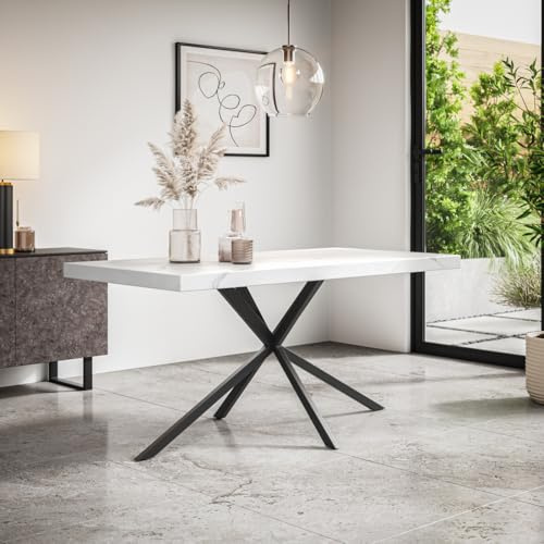 More4Homes DONNI 4-6 SEATER DINING TABLE w BLACK LEGS (White Marble Effect)