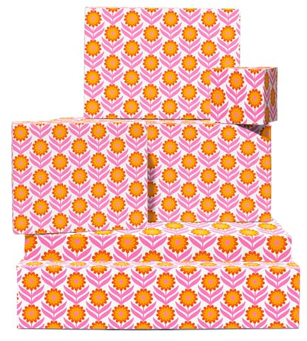 Retro-Geschenkpapier Weihnachten – 6 Bögen florales Geschenkpapier für Sie – gelbe und orange Retro-Blumen – Geburtstag, Hochzeit, Sommer – recycelbar – von Central 23
