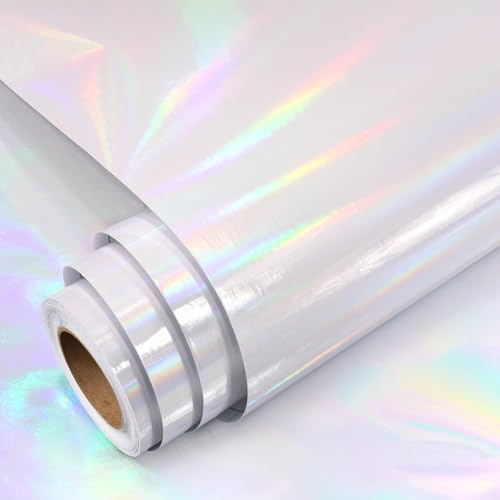 YENHOME Folie holografiska dekaler, papper, självhäftande 40 x 500 cm, lasereffekt, holografisk film, självhäftande hologramfilm, skimrande transparent PVC med regnbågseffekt för scrapbooking