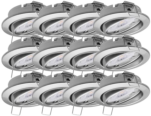 Oktaplex 12er Set Dijon LED Deckenspots 230V dimmbar Schwenkbar ultra flach | 22mm Einbautiefe, 2700K Warmweiß, Lochmaß 68mm, 4,9W, 370lm, 110° Einbaustrahler Edelstahl gebürstet