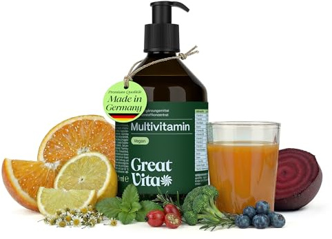 GreatVita Multivitamin Mikronährstoffkonzentrat 60 Portionen - Saft mikronährstoffe mit Vitaminen aus Fruchtsaft & Pflanzenextrakten 300 ml - Vegane Mikronährstoff-Komplex + Pumper & Dosierlöffel