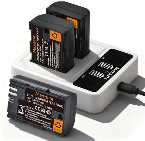 Massate 3-Pack 2600mAh LP-E6 Battery + LED PD20W Fast Charger—Full Power 2.5Hrs, LP E6 Battery for Canon EOS 5D Mark II/III/IV, 5DS/R, 6D/6D II, 7D/7D II, 60D 70D 80D 90D, R, R5 R6 R7 DSLR
