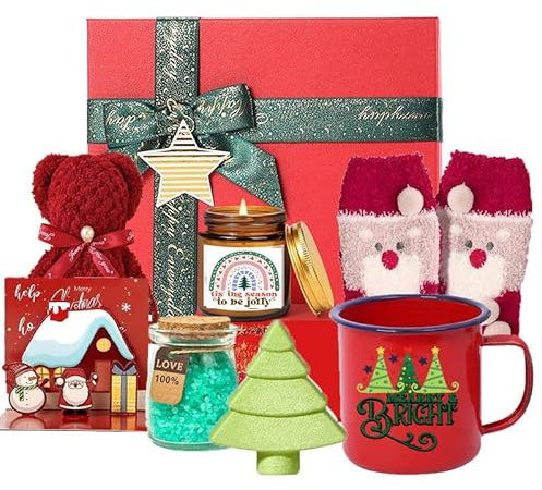 Holiday Ceramics 8-Piece Christmas Gift Set with Enamel Mug, Fuzzy Socks, Scented Candles, Plush Bear, Decorative Tree, Red and White Holiday Relaxation Collection