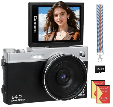 Digitalkamera 4K - 64MP Kamera Fotokamera 16X Autofokus Digitalzoom Digital Camera für Vlog 3 Zoll 180° Klappbarer LCD-Bildschirm Fotoapparat 2 Akkus 32GB Karte Geschenke für Anfänger Kinder