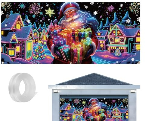 Qiaonan Weihnachts Garagentor Banner, 400x180cm UV-Fluoreszierende Garagentor Dekoration, Weihnachtsdeko, Garage Hintergrunddekoration Für Hausbesitzer Heimwerker Familienfeiern