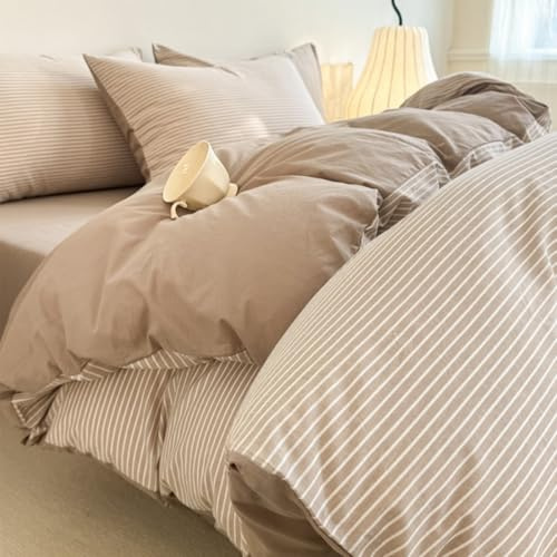 Nesture Bettwäsche 140x200 Baumwolle Gestreift Beige - Bettwäsche-Sets 2teilig Weich, 100% Gewaschene Baumwoll, Enthält 1 Bettbezug 140x200cm und 1 Kissenbezug 80x80 mit Reißverschluss