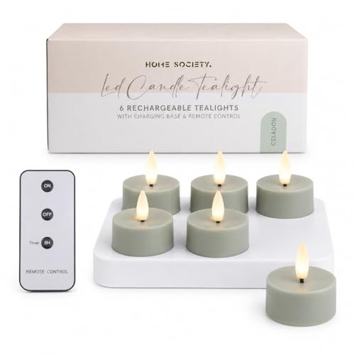 LED Teelichter 6er Set Grün mit USB-C Ladestation, Timer & Fernbedienung | Wiederaufladbare LED Kerzen Teelichter mit USB-C Ladestation, Fernbedienung und Timer für Deko, Hochzeit & Zuhause