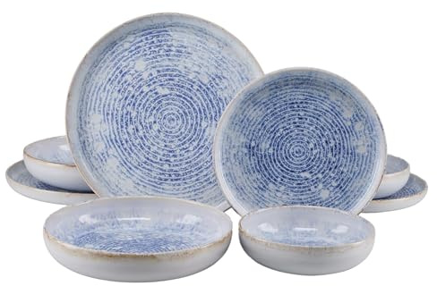 CreaTable, 25398, Serie Uno Mykonos, 8-teiliges Geschirrset für 2 Personen, Tellerset aus Steinzeug, spülmaschinen- und mikrowellengeeignet, Made in Portugal