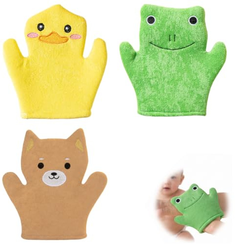 3 Stück Mikrofaser Waschlappen Kinder Set, Saugfähige Waschhandschuhe Baby mit niedlichen Tier-Motiven (Ente, Frosch, Bär), Weiche Kinderwaschlappen für sanfte Gesichts- und Körperreinigung