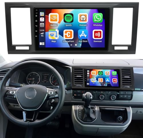 4G+64G Android 14 Autoradio für VW T6 Transporter Multivan 2016-2022 Doppel-Din Autoradio mit Carplay & Android Auto, Bluetooth, 9 Zoll HD Touchscreen, FM/RDS, GPS Navi, WLAN, Rückfahrkamera, Mikrofon