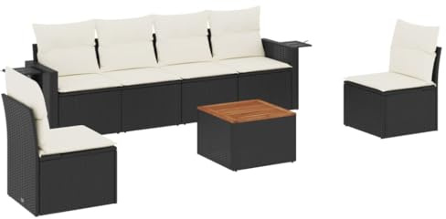 HFXHIJXQ Salon de Jardin 7 Pièces en Résine Tressée Noir avec Coussins Crème, Ensemble Canapé d'Extérieur Modulaire et Table Basse en Bois d'Acacia pour Terrasse Balcon et Patio