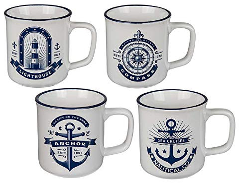 Maritim Kaffeetassen weiß mit nostalgischem Leuchtturm-, Anker-, Kompass-Motiv im 4er-Set, Maße: Ø 7,5 cm, Höhe 8,5 cm; Material: Porzellan, spülmaschinenfest, mikrowellengeeignet. Vintage-Design