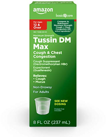 Amazon Basic Care Tussin DM MAX, Maximum Strength Cough and Chest Congestion Medicine, Non-Drowsy, Alcohol Free, Expectorant, Raspberry Menthol Flavor, 8 fl oz (Pack of 1)