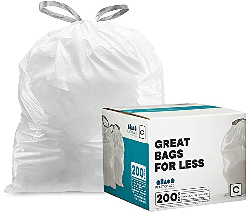 Plasticplace Trash Bags Compatible with simplehuman Code C (200 Count) White Drawstring Garbage Liners 2.6-3.2 Gallon / 10-12 Liter, 14.75 x 20