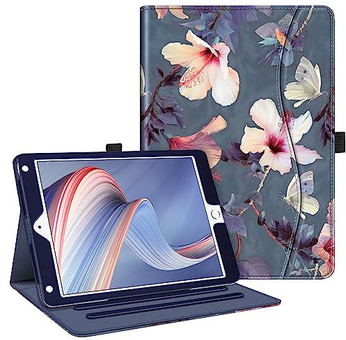 FINTIE Custodia per iPad 9.7 Pollici 2018 2017, iPad Air 2 / Air 1 - [Multi-angli] Folio Pieghevole Cover Protettiva Case Auto Sveglia/Sonno (con Tasca per Le Schede), Blooming Hibiscus