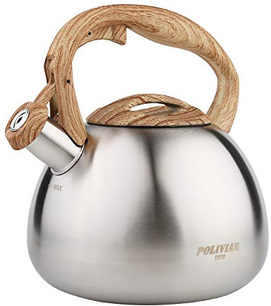 Poliviar Wasserkessel Induktion, Teekessel Induktion Edelstahl Pfeifkessel, Teekessel für alle Kochplatten, Flötenkessel mit Holzmasergriff, Wasserkocher für Tee & Kaffee, max 2.7L, Silber