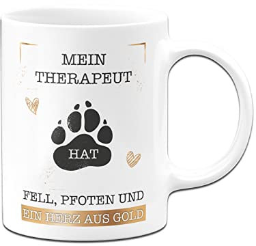 Tassenbrennerei Hunde-Tasse mit Spruch Mein Therapeut hat Fell, Pfote und ein Herz aus Gold - Kaffeetasse als Geschenk für Hundebesitzer (Weiß, Hund)