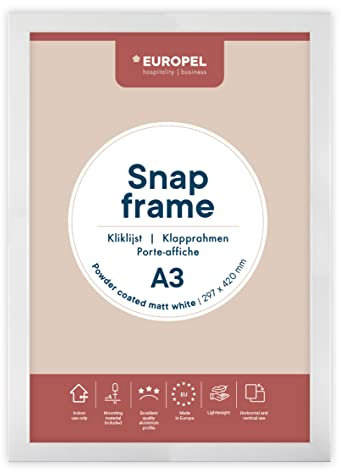 EUROPEL lightweight Snap frame A3, matt white powder-coated finish, Profile 25x11 mm, Anodized aluminum, anti-reflective protector, External dimensions 328x451 mm, Grey polystyrene back