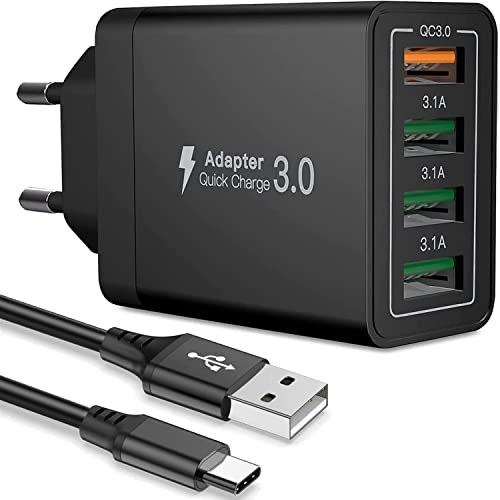 ANNCAY Quick Charge 3.0 USB Ladegerät mit USB Type C Ladekabel, 33W QC 3.0 ladegeraet mit 4 Ports USB Netzteil für Samsung Galaxy S21/S20/iPhone 12/13/Huawei/Xiaomi usw