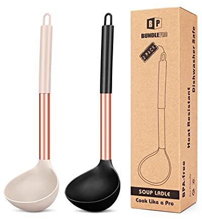 Paquete de 2 cucharas de cucharón, cucharas grandes de silicona para sopa, utensilios de cocina antiadherentes con alta resistencia al calor, sin BPA, herramientas de cocina perfectas para cocinar, agitar, servir sopas