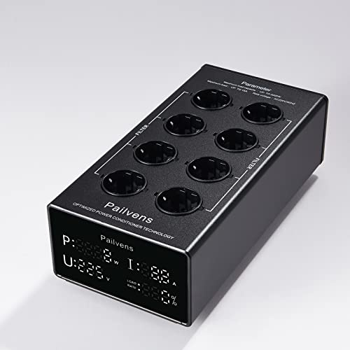 Pailvens HiFi Netzfilter Steckdose mit großer LCD-Anzeige, 8-Fach, Schwarz | Steckdosenleiste 8-Fach mit Überspannungsschutz, Lastschutz bis 15 A, Mehrfachsteckdose für Lautsprecher, CD DVD Player, G20