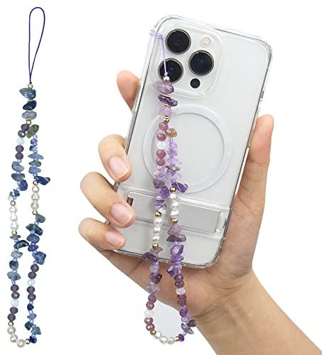 CTDMJ Lot de 2 chaînes universelles anti-perte de style bohème pour téléphone portable - Pour téléphone portable - Avec dégradé de couleur - Cristal naturel - Pierre de gravier