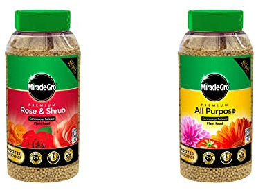 Miracle-Gro Premium Rose & Shrub Continuous Release Plant Food, 900G and Continuous Release All Purpose Plant Food, 900G