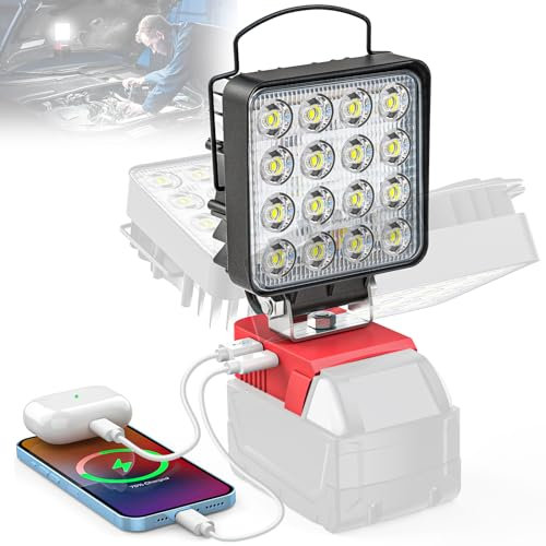 Luz de trabajo LED inalámbrica para batería Milwaukee de 18 V, luz de construcción de inundación portátil para taller, reparación de automóviles, al aire libre, garaje, 60 W, 6000 lúmenes con puerto