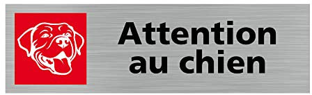 Pictogramme ATTENTION AU CHIEN (Q0401). Signalisation Porte - 170 X 50 mm - Autocollant souple ou plaque alu brossé 2mm. - Adhésif aspect aluminium brossé - Adhésif aspect aluminium brossé -