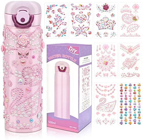Sarsumir Girls Water Bottle, Decorate Your Own Water Bottle DIY Craft Kits for Kids with 8 Stickers, Girls Toys Age 5 6 7 8 9 10 11 Leakproof BPA Free Waterbottle, Pink