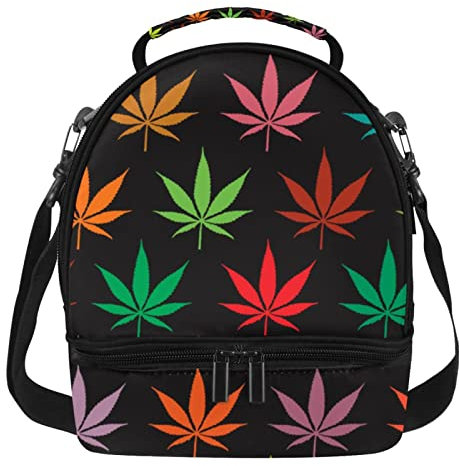 Lonchera de doble piso, con aislamiento, hojas coloridas, impermeable, térmica, grande