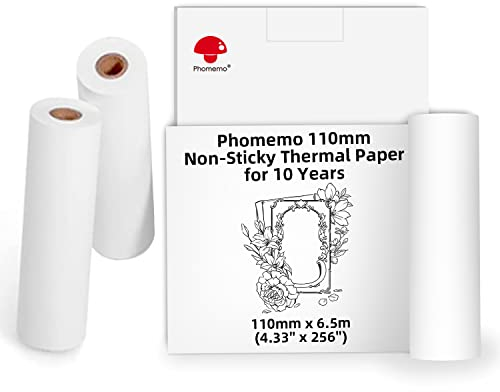 Phomemo 110mm nicht klebendes weißes Thermopapier für M04S/M04AS/M832/M833/M834 Drucker, 110mm x 6.5m, 10 Jahre Konservierung,Schwarz auf Weiß, für Aufkleber,Tagebuch,Texte, Studiennotizen, 3 Rollen