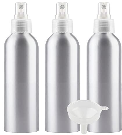 PQPAUTY 3 Piezas Pequeño 200ml botella de spray pulverizador Botella de Aluminio Plata con Bomba en Transparente Niebla Fina Atomizador para Perfume Viaje Artículos de Agua Cosmético, con Embudo