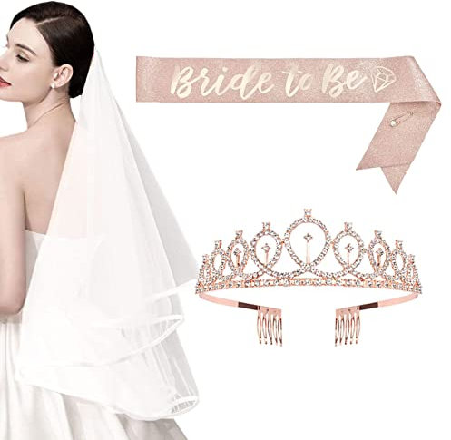 Fulenyi Bride to Be Gürtel & Tiara | Bachelorette Dekorationen Set Gold Glitzer Set | Bride to Be Set with Sash for Bride Strass Diadem Schleier