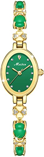 findtime Elegant Uhr Damen Analog Quarz Armbanduhr Diamanten Luxus Strass Damenuhr mit Perlenarmband Grün Armband Designer Edelstahl Schmuck Frauen Mädchen Gold 3ATM Wasserdicht