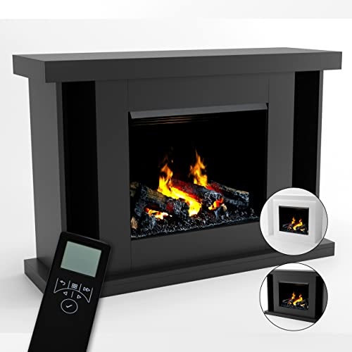 GLOW FIRE Wasserdampf Kamin ARES (Standkamin) - Elektrokamin mit Heizung und Kaminfeuer - Kaminkonsole aus Holz mit patentiertem Opti-myst-LED Kamineinsatz, 130x100x38 cm - Grau