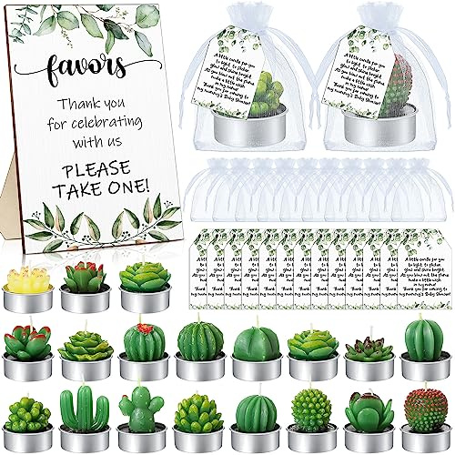 MTLEE 36 Sets Succulent Candles Baby Shower Favors for Guests Include 36 Plant Tealight Candles 36 Thank You Tags 36 Organza Bags Wooden Standing Sign for Gender Reveal Gifts(Greenery)