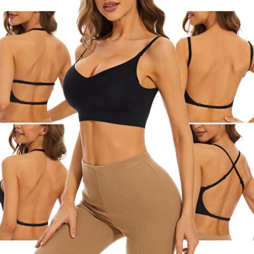 Shewant Low Back Bra for Women Wirefree Seamless Bra Backless Multiway Straps Convertible Halter Bra with Padding Removeable Black