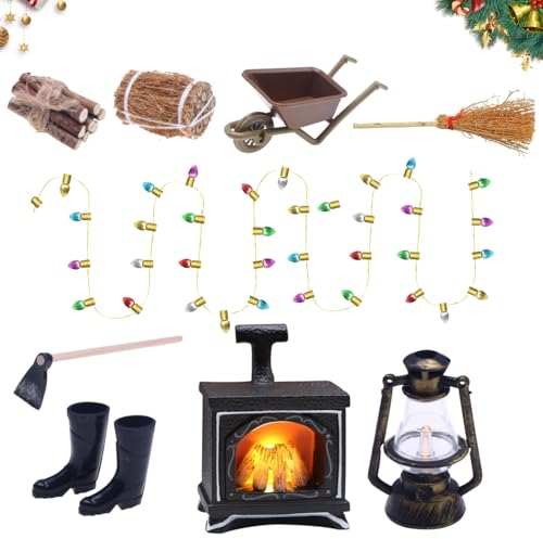 songyea Kit d'accessoires miniatures maison poupée - Accessoires lutin - Meubles Noël - Cheminée incandescente - Lampe à pétrole - Bottes foin - Bottes en caoutchouc - Chariot - Balai - Bois Petit